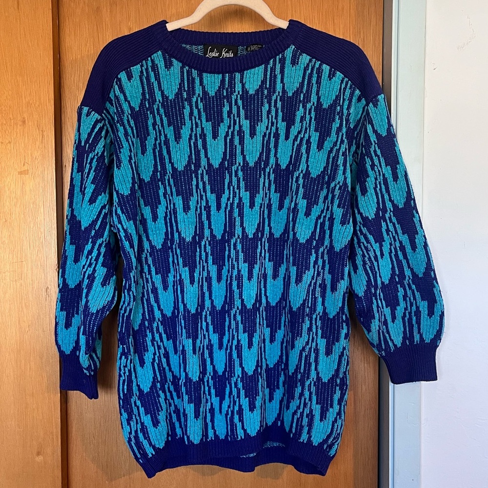 Vintage Leslie Knits Sweater in Vibrant Purple & Teal Blue Sz S
